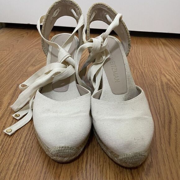 Stuart weitzman Ivory beige espadrille wrap wedge heels size US 9.5 - Picture 2 of 10